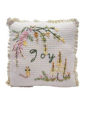 Ribbon Embroidered Throw Pillow Joy Floral Cat Ruffled Edge Cottagecore 9 In